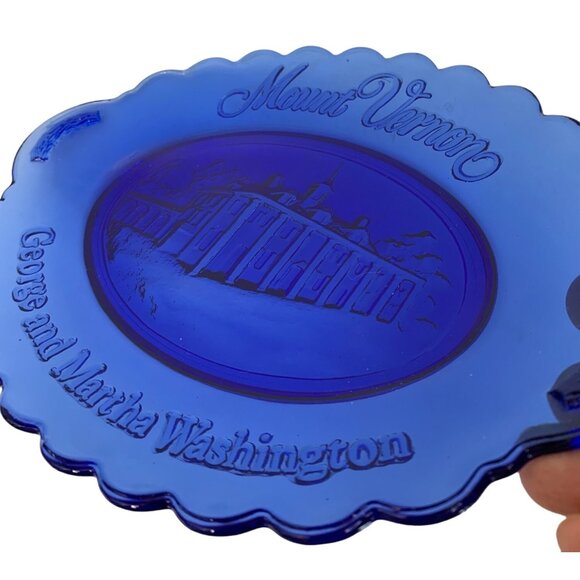 VTG Avon Blue Glass Mount Vernon George & Martha Washington Oval Plate 7400 - Picture 3 of 8